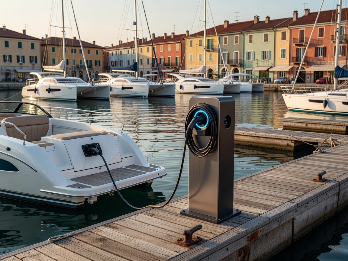 Electric boat charger station at European marina dock