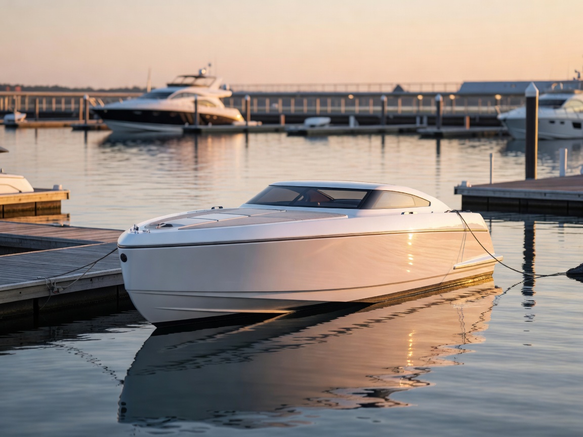 Enginevault Aura E-32 Electric mini yacht docked at European marina