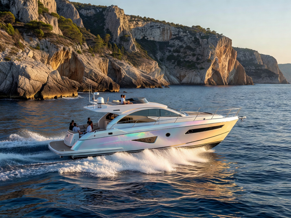 Enginevault Solaris 28 compact mini yacht cruising near Mediterranean coastline