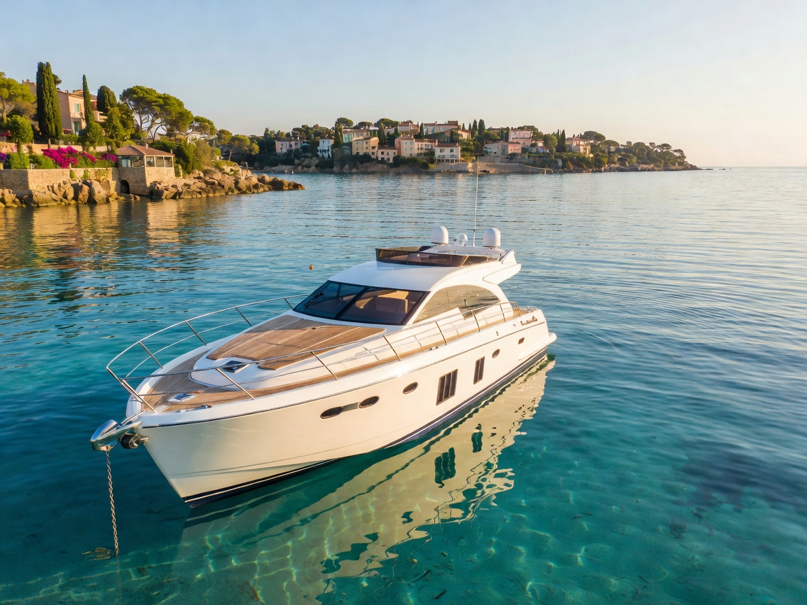Enginevault Solaris 28 compact yacht exterior view anchored off Saint-Tropez