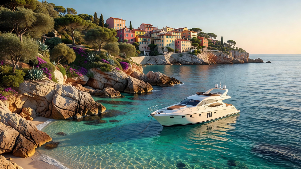 French Riviera coastline with compact mini yacht cruising near Cap Ferrat